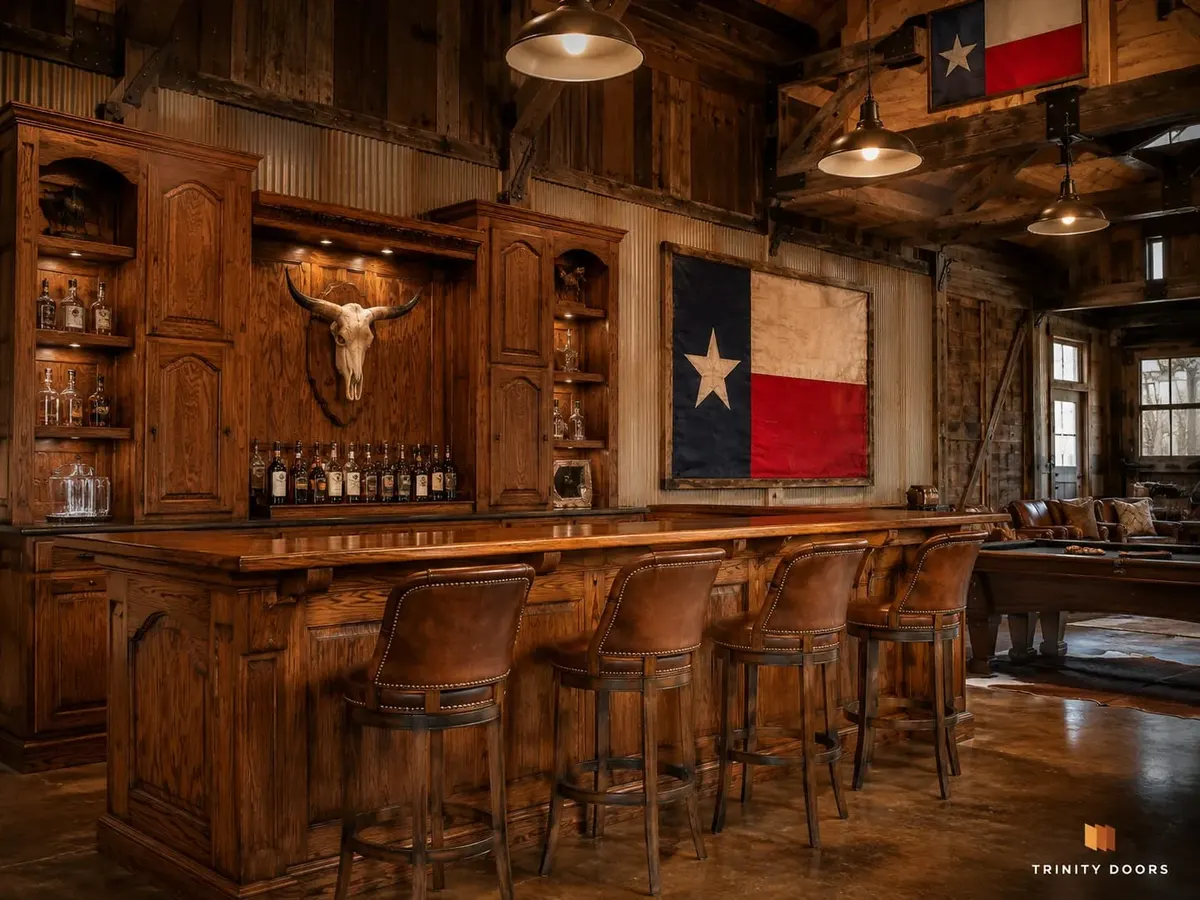 Custom Trinity Doors bar cabinetry — Texas man cave project