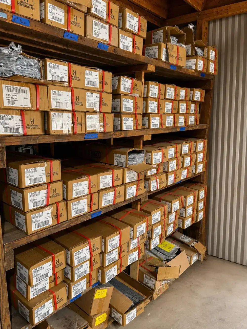 Shelves stocked with boxed drawer slides in multiple sizes at the Trinity Doors warehouse in Vidor, TX