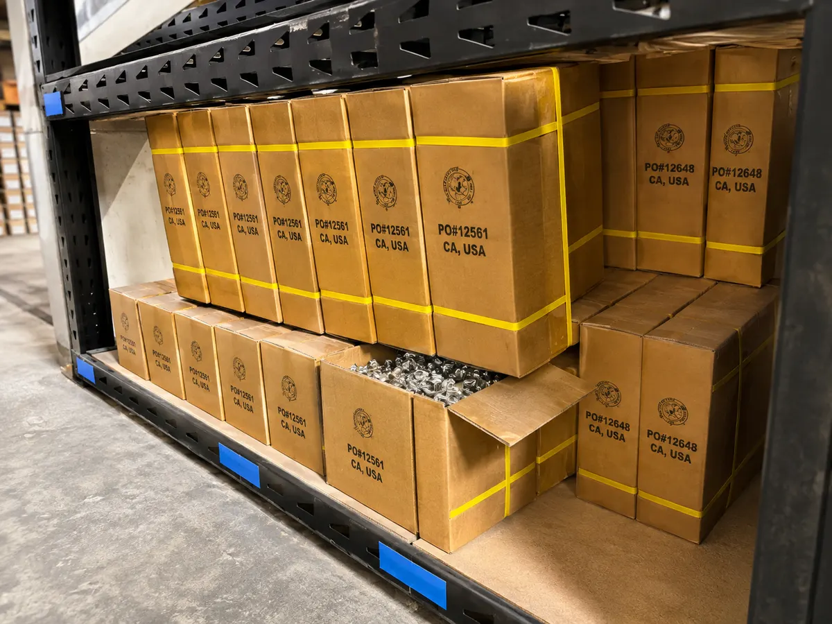Shelves of boxed cabinet screws and fasteners stocked in the Trinity Doors warehouse in Vidor, TX