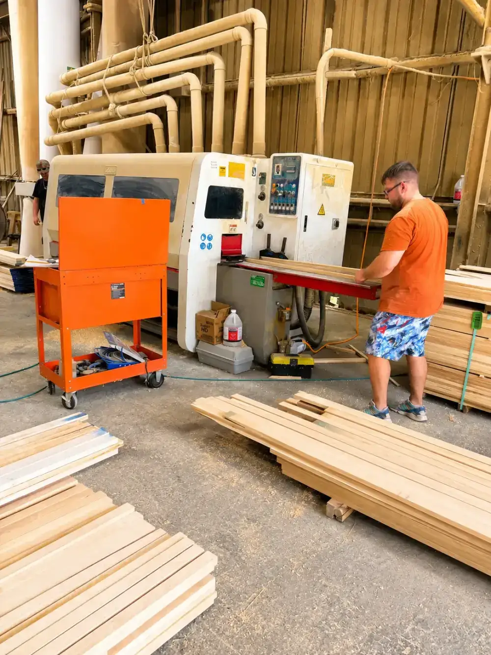 A Trinity Doors craftsman running hardwood stock through the moulder in the Vidor, TX millwork shop