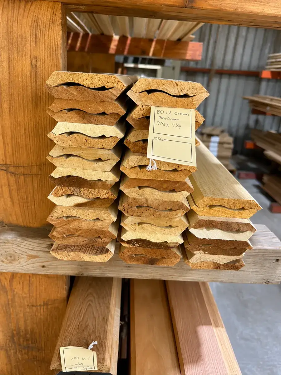 Racks of milled moulding stock at the Trinity Doors shop in Vidor, Texas