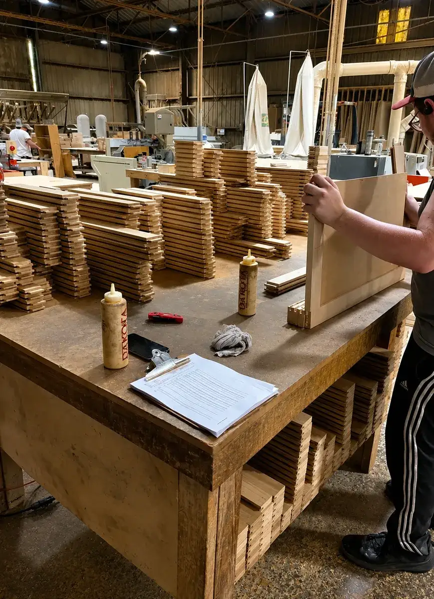Trinity Doors employee assembling a cabinet door on the production bench, surrounded by stacked door frame parts, in Vidor, TX