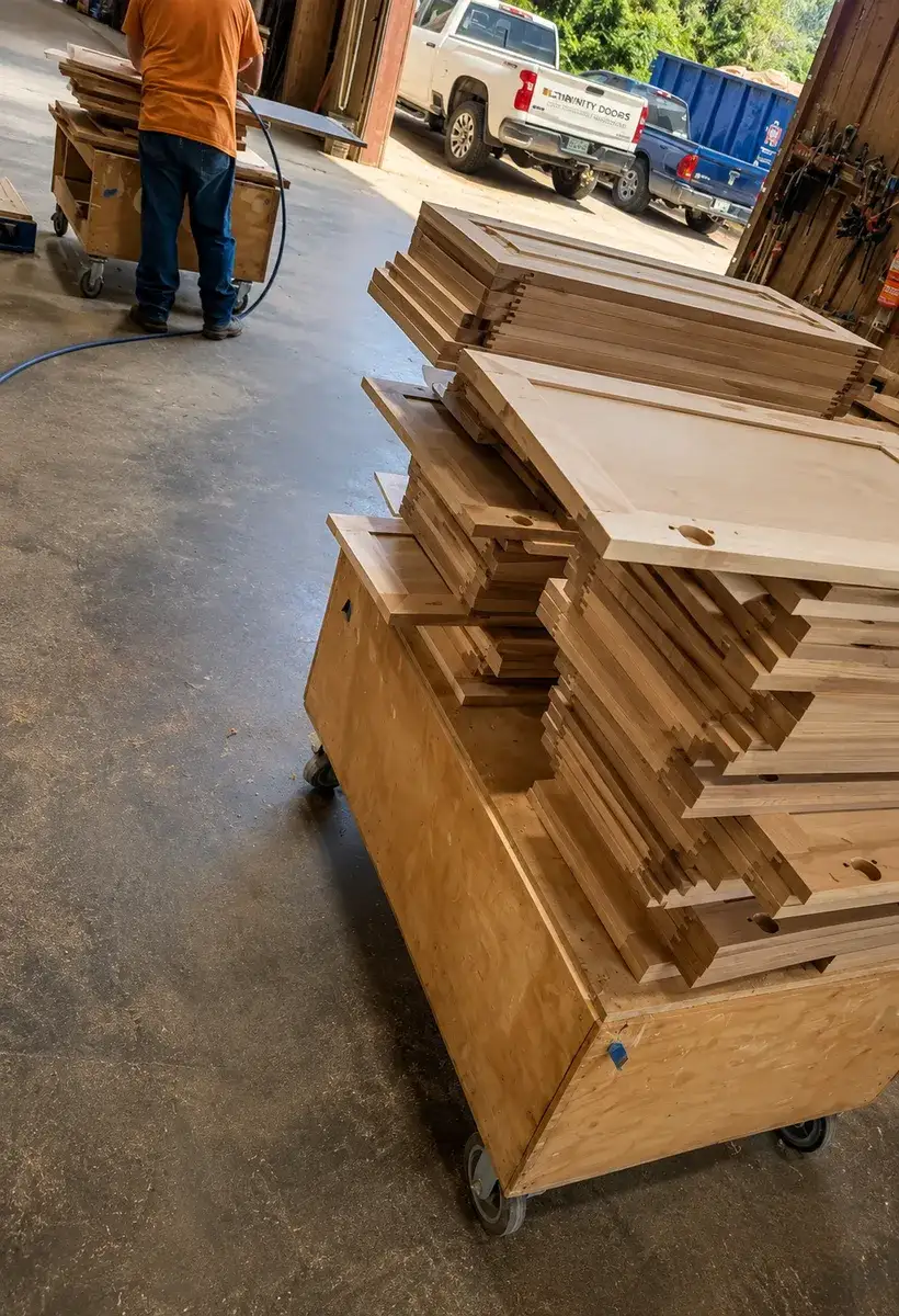 Finished custom cabinet doors on a shop cart at Trinity Doors